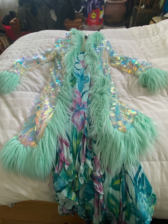 Jackets & Blazers - Mint Sequin & Faux Fur Statement Coat and matching dress with rhinestone on top.